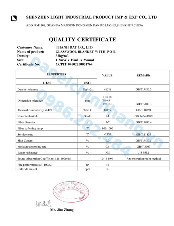 giấy chứng nhận bông thủy tinh glasswool